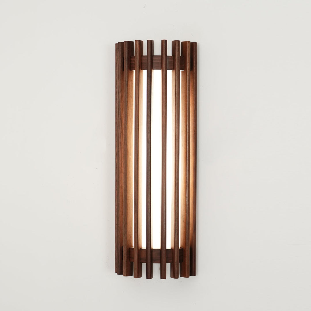 Indoor wall lamp with wood finish, modern design, soft LED light for home.