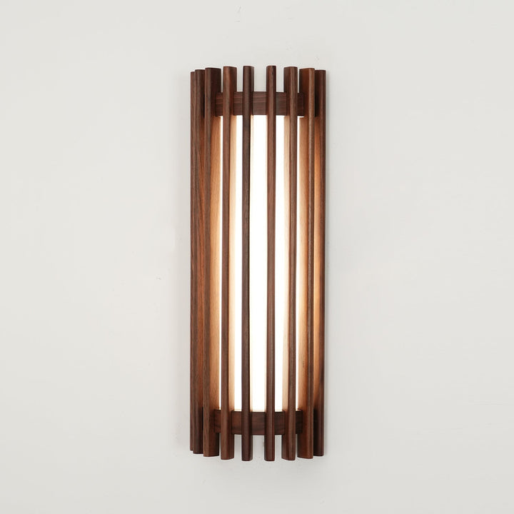 Indoor wall lamp with wood finish, modern design, soft LED light for home.