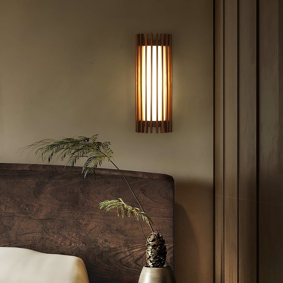Sleek modern wood wall lamp, perfect for indoor ambient lighting & home decor.