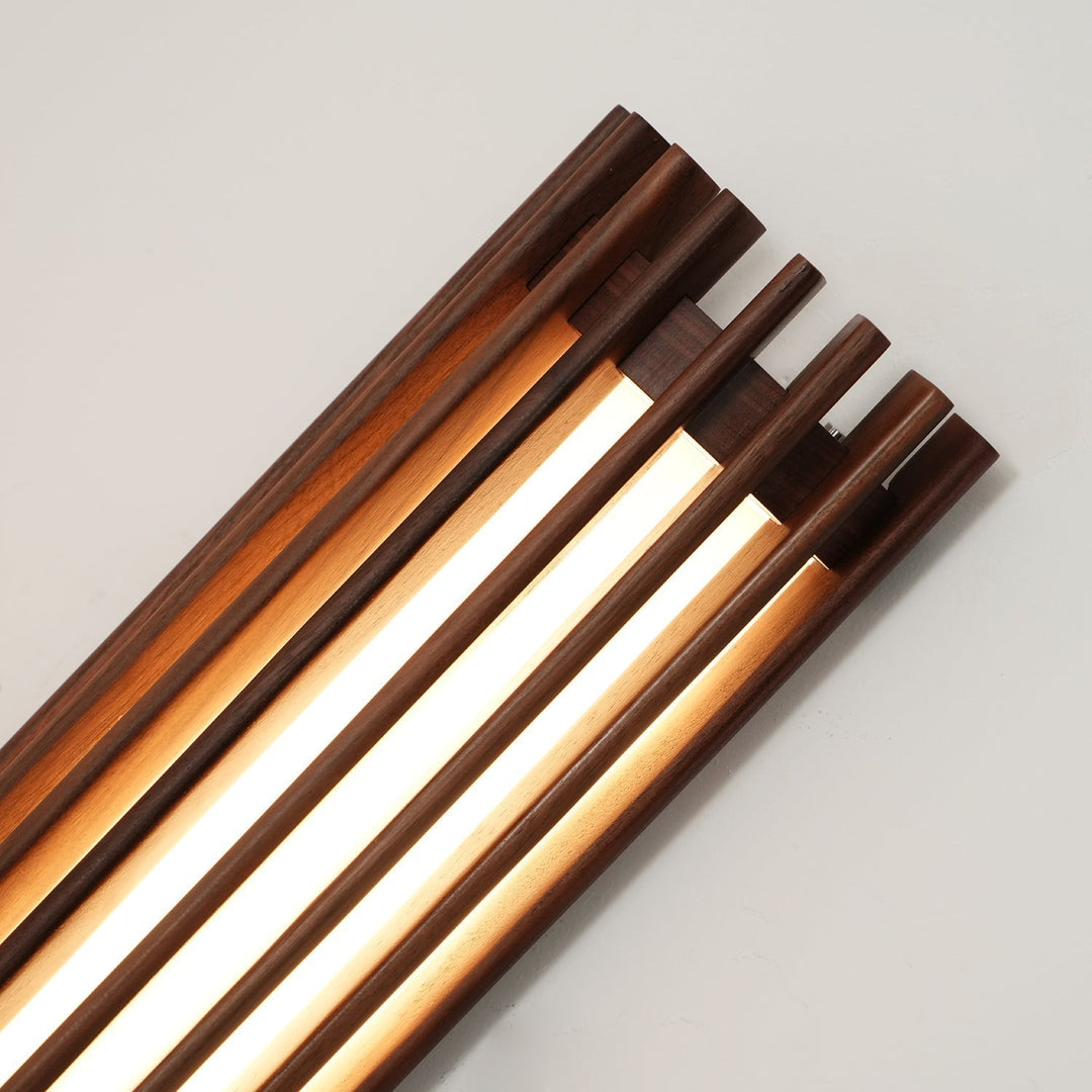 Indoor ambient wall light, walnut wood, modern LED lamp for stylish homes.