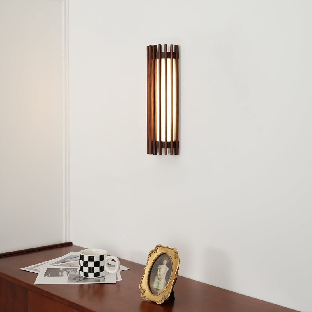 Modern wall lamp, indoor LED, rich walnut wood texture, acrylic diffuser.