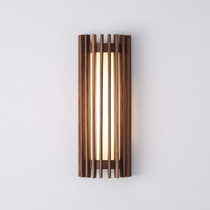 Sleek wood fixture, modern indoor wall light, perfect for ambient glow.