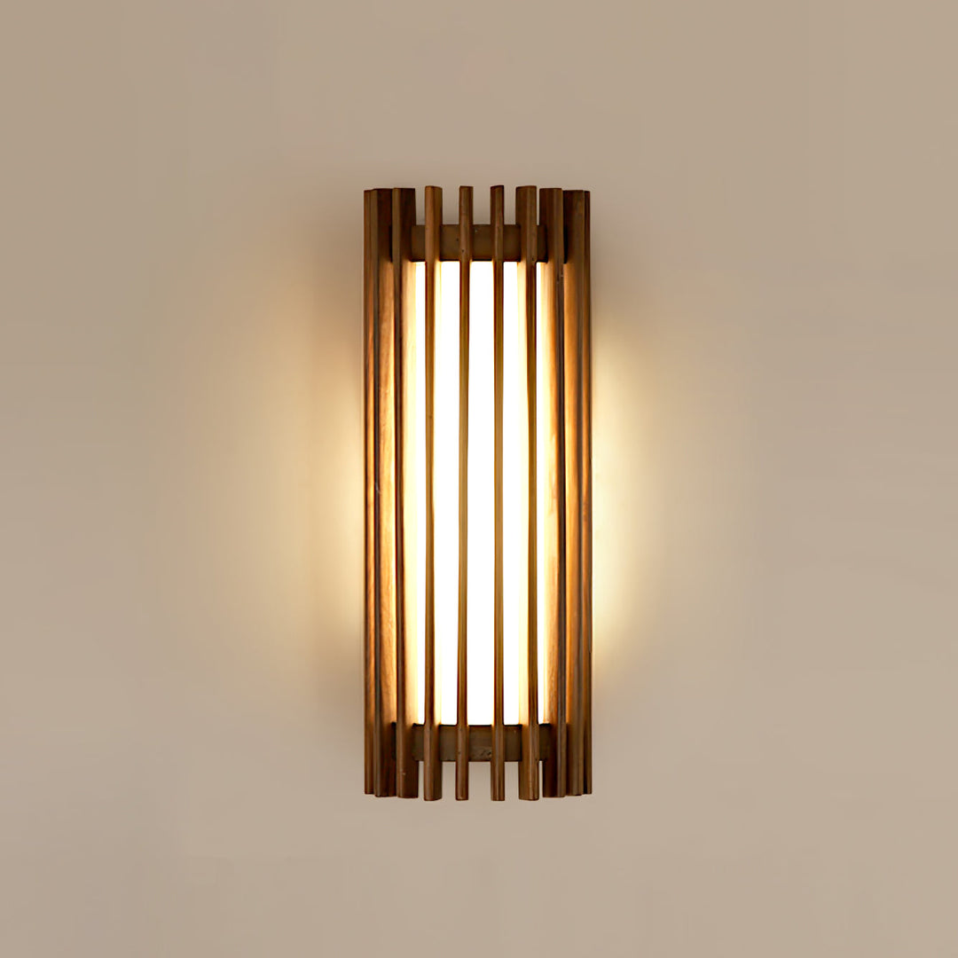 Indoor wall-mounted LED light, modern walnut wood fixture with soft acrylic diffusion.