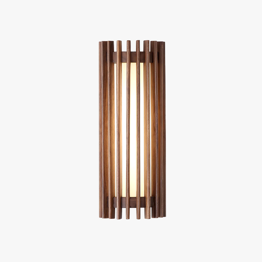 Sleek modern indoor wall lamp, wood finish, ambient light for living spaces.