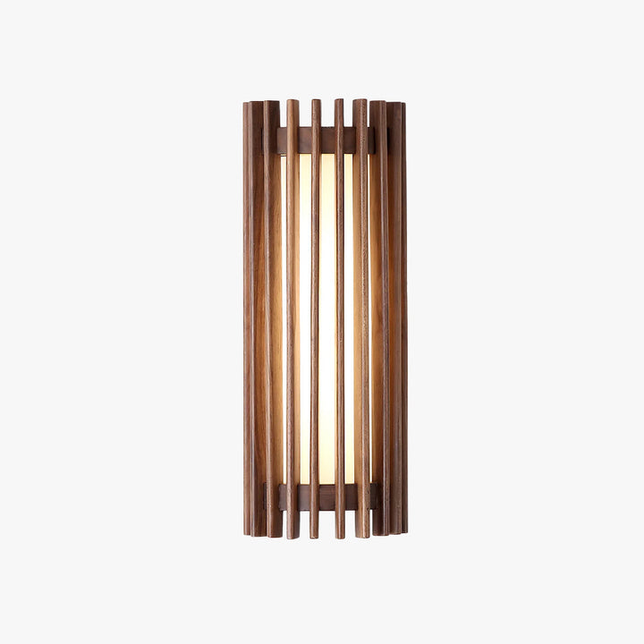 Sleek modern indoor wall lamp, wood finish, ambient light for living spaces.