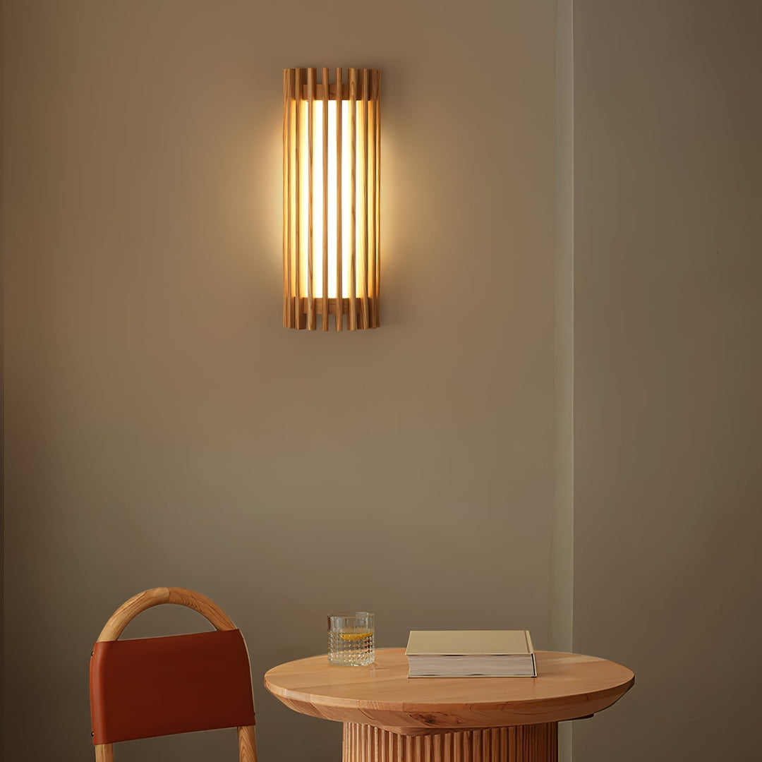 Indoor LED wall lamp, modern wood fixture for cozy ambient home lighting.