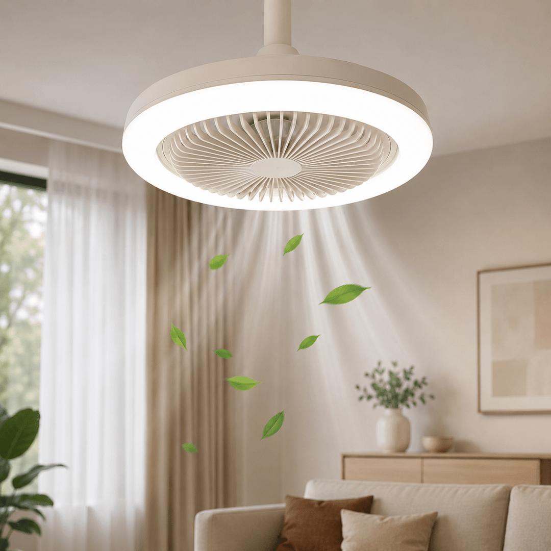 Modern white indoor LED ceiling fan with remote control for bedroom or living room.