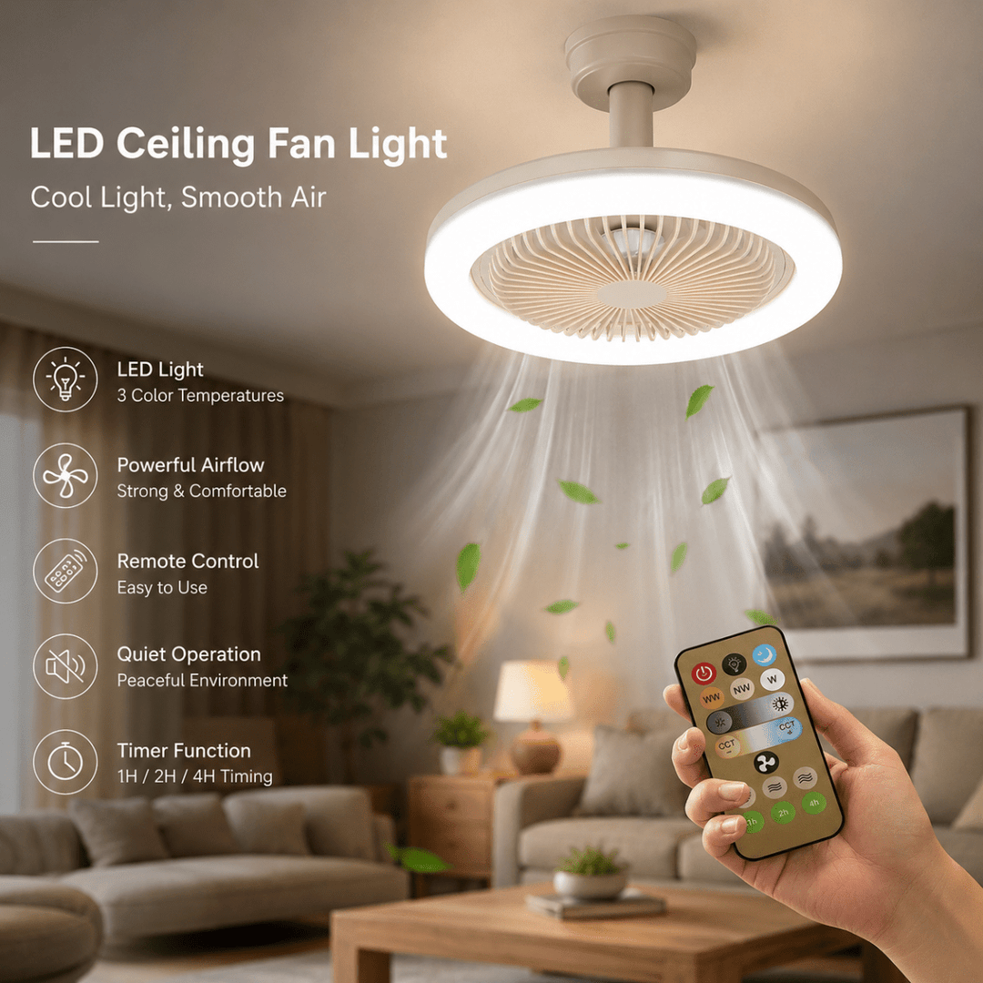 Powerful yet quiet indoor LED ceiling fan for optimal air circulation and ambient lighting.