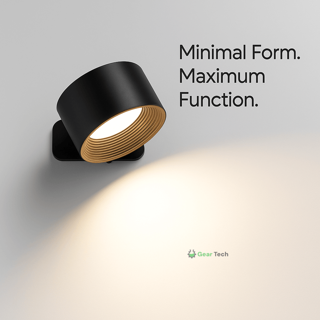 Dimmable wireless LED wall light with touch control. 360° adjustable for focused accent light.