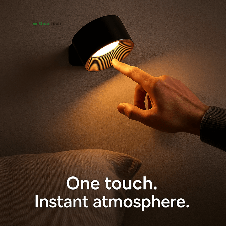 Modern LED reading wall lamp, wireless, 360° adjustable & touch control. Perfect bedroom light.