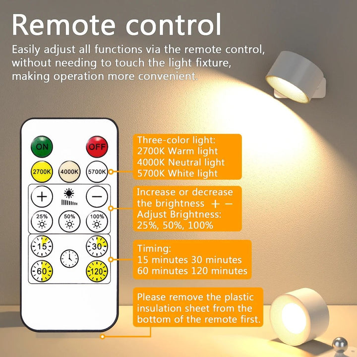 Cordless LED wall light, magnetic mount, touch dimming. 360° rotating modern design for home.