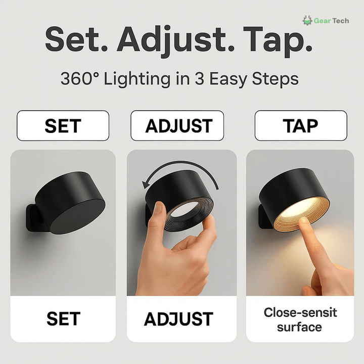 Sleek wireless LED wall lamp, 360° rotation, touch control. Enhances modern home decor & lighting.