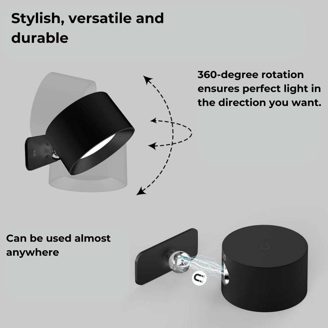 Magnetic wireless LED wall light, easy to install & remove. 360° rotation, modern lighting solution.