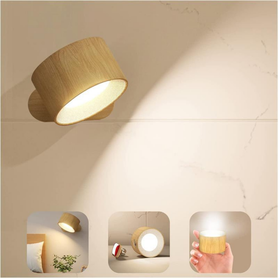 Wireless LED wall light, 360° adjustable & dimmable via touch. Rechargeable for cordless use.