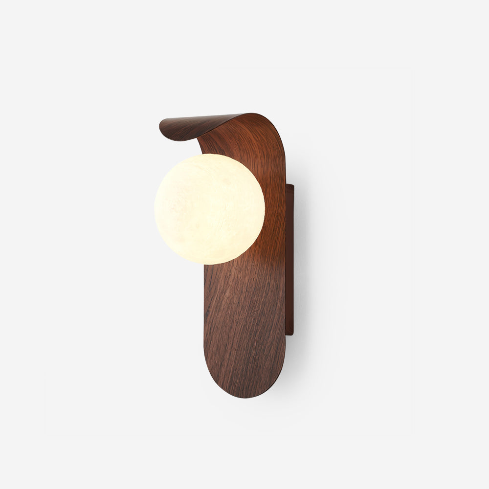 Modern wood effect LED wall light with opal glass globe for indoor ambient lighting.