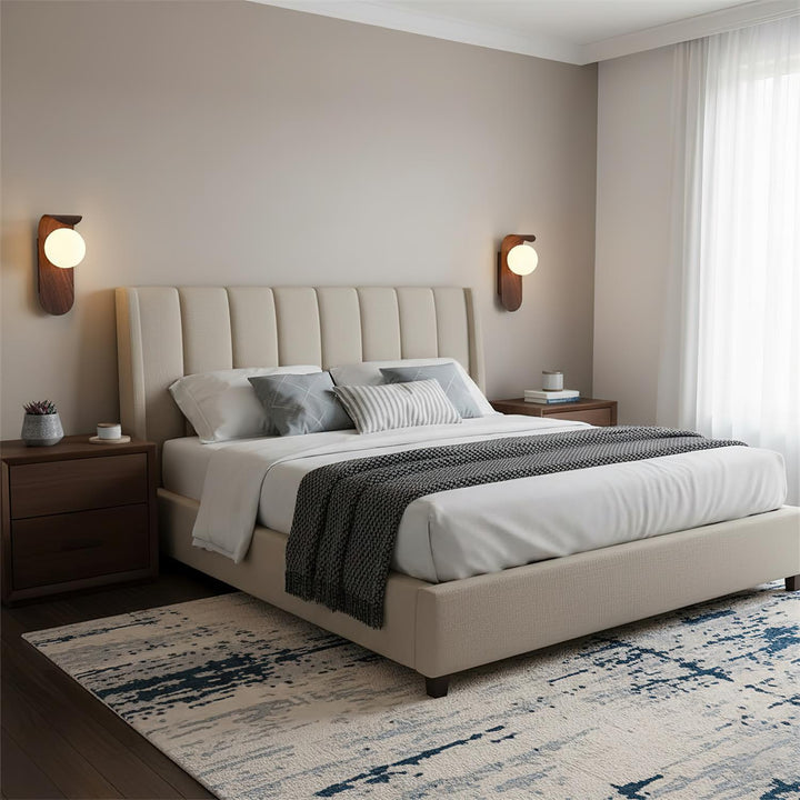 Indoor wood effect LED wall lamp, modern globe design, provides warm ambient light.