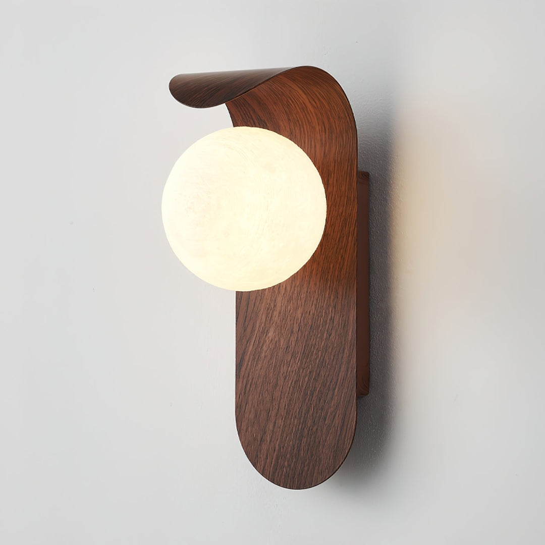 Minimalist wood effect LED wall light, opal glass sphere, great for contemporary decor.