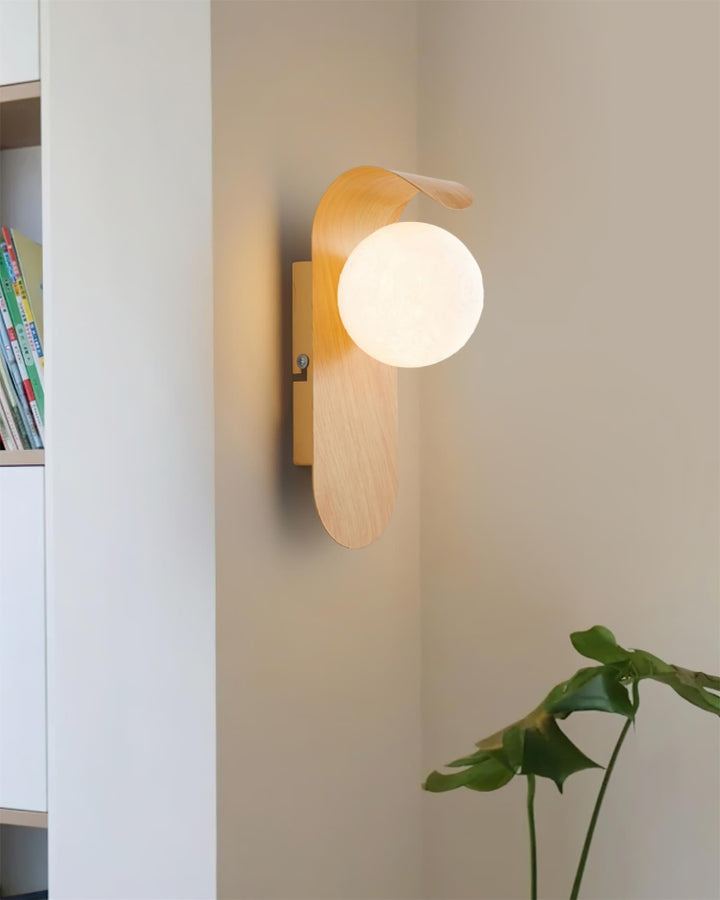 Timber look LED wall light, dimmable, with an opal glass globe for home lighting.