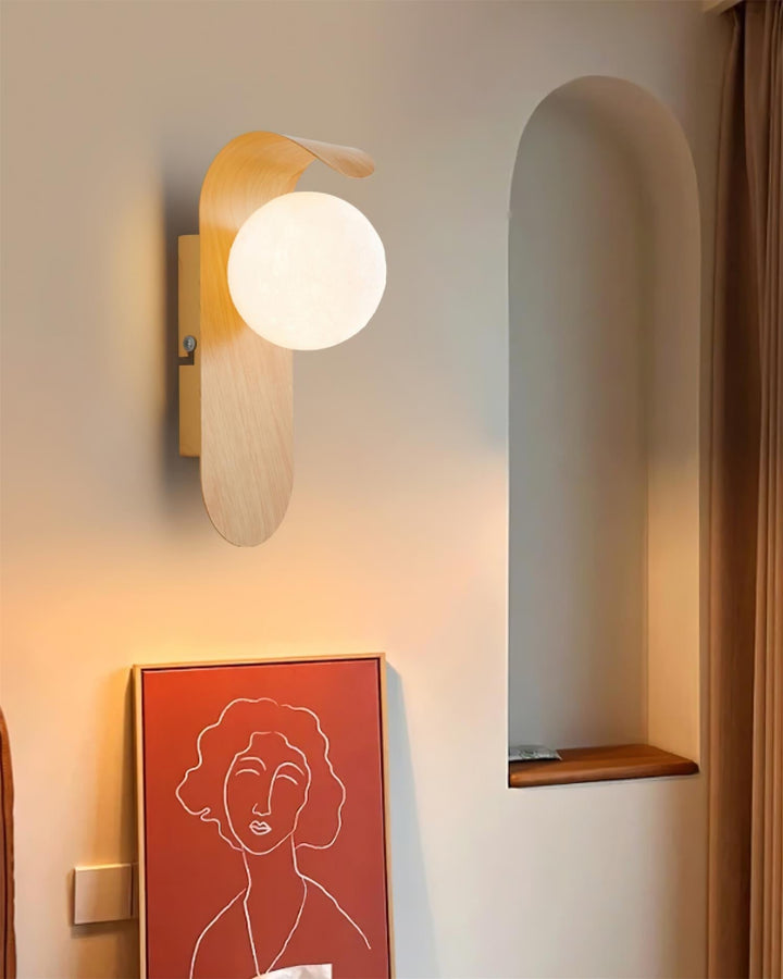Unique wood effect LED wall light, white globe, perfect for hallway or living room.