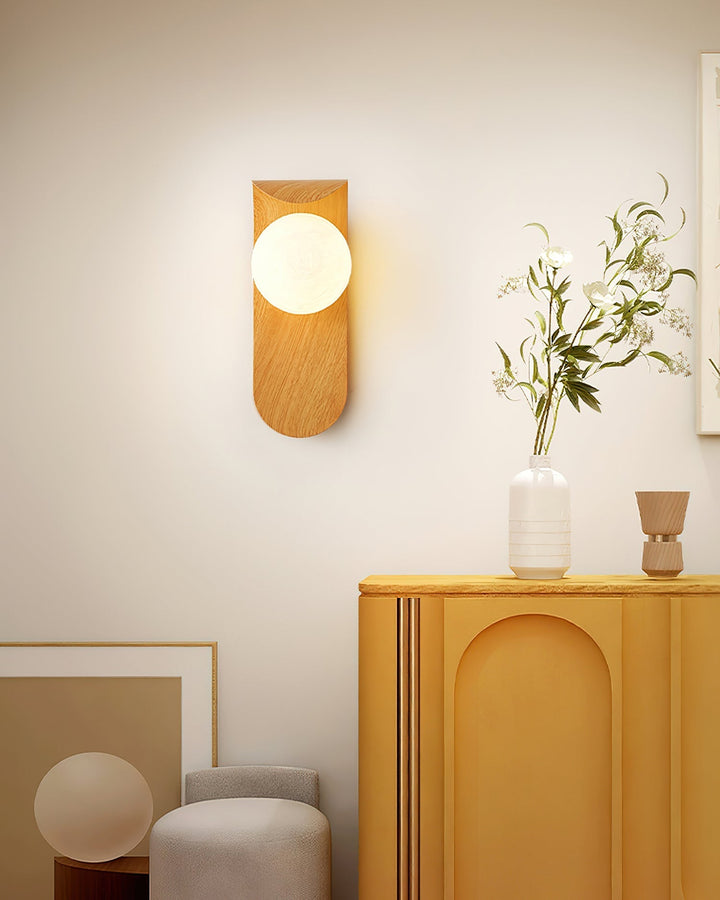 Modern indoor LED wall light, wood grain finish, and a beautiful opal glass globe.