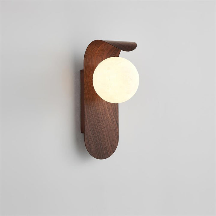 Wood effect LED wall light with an opal glass globe, suitable for modern interior design.