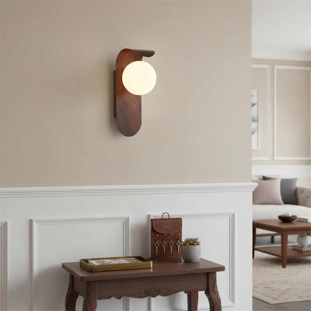 Dimmable LED wall light, wood effect finish, featuring an elegant opal glass globe.