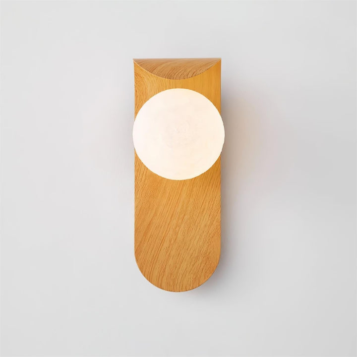Dimmable wood effect LED wall light with an opal glass globe, perfect for mood setting.