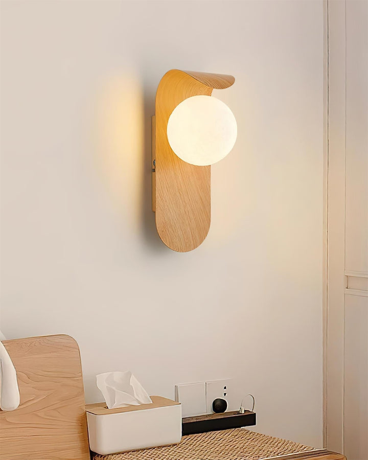 Stylish wood effect LED wall light, dimmable opal globe, enhances any indoor space.
