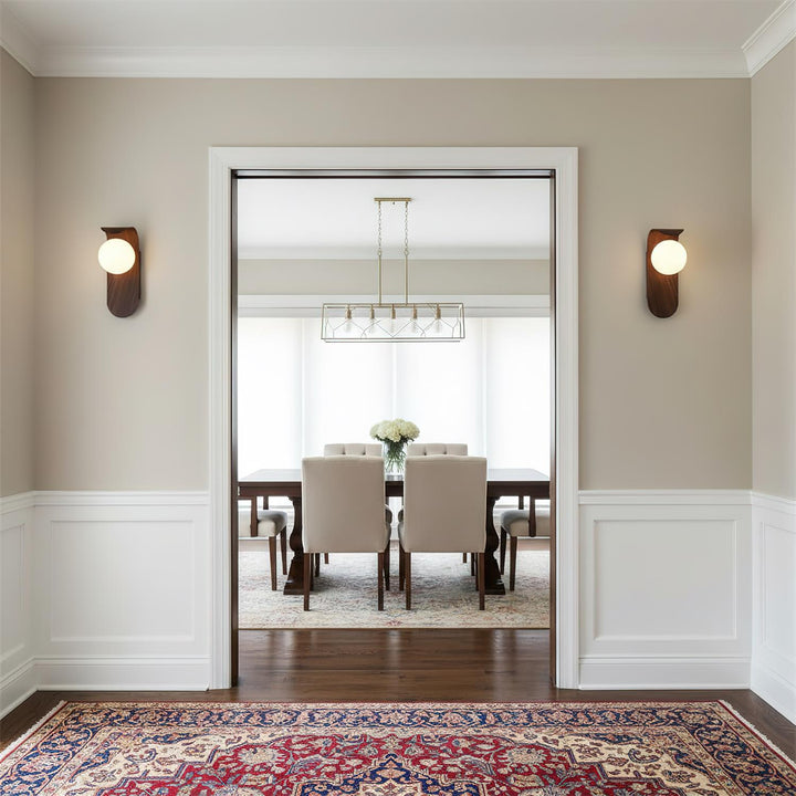 Stylish indoor wood effect LED wall fixture with a soft glow opal glass globe.