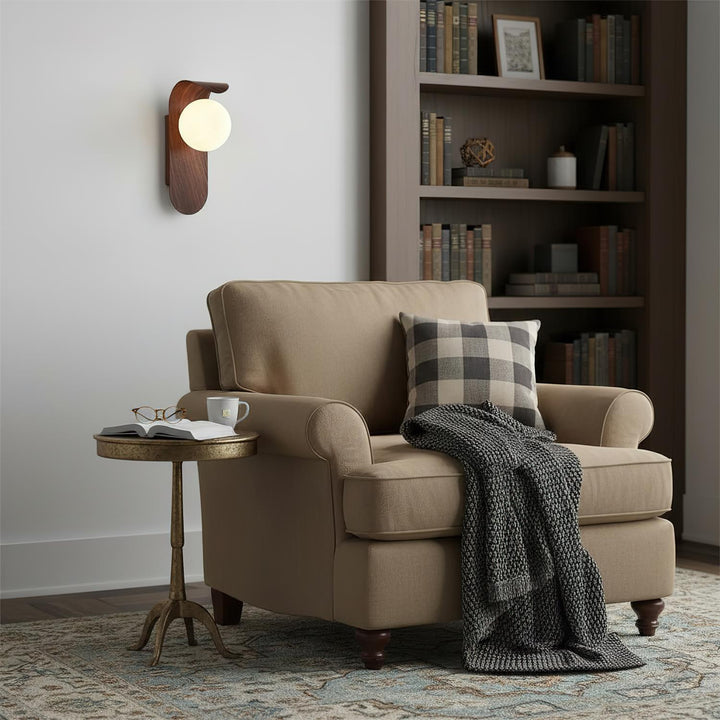Home lighting: wood effect LED wall lamp, modern design, with an opal glass globe.