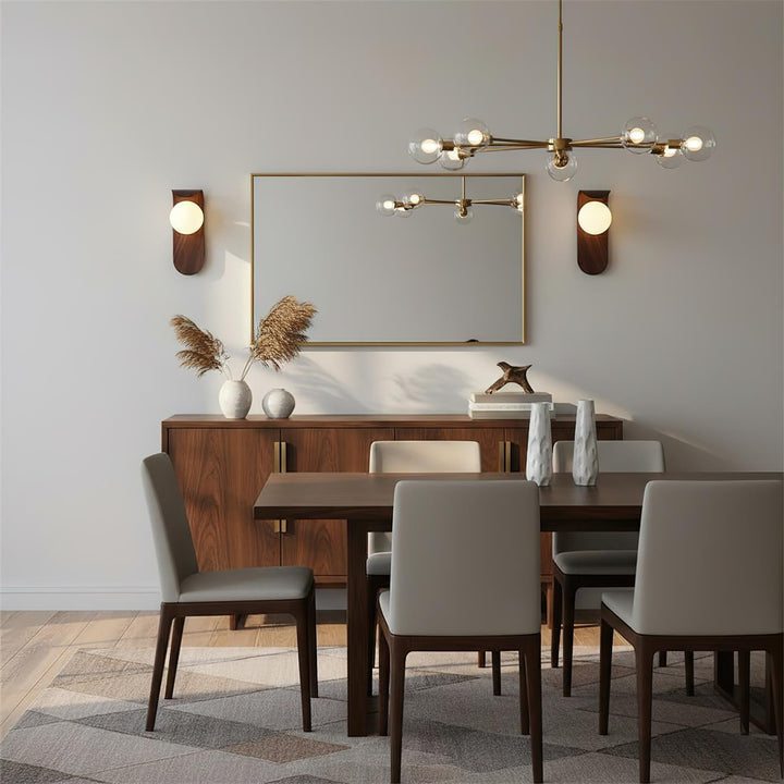 Decorative wood effect LED wall light, round opal glass globe, perfect for modern homes.