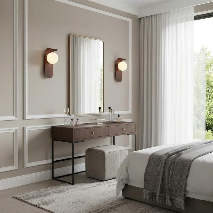 Energy-efficient wood effect LED wall light, white opal globe, for stylish indoor illumination.