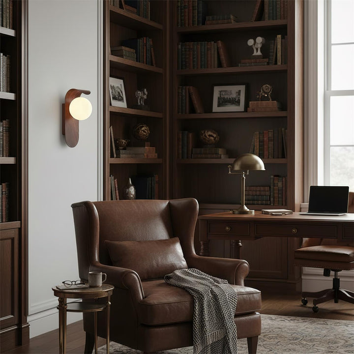 Elegant wood effect LED wall light with a frosted opal glass globe, dimmable feature.