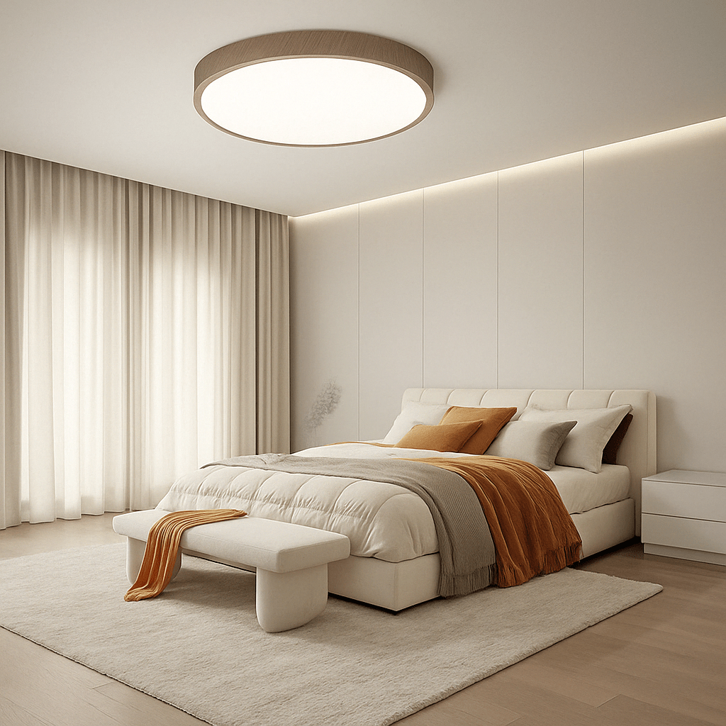 Contemporary LED ceiling fixture, wood accent, provides soft, adjustable illumination.