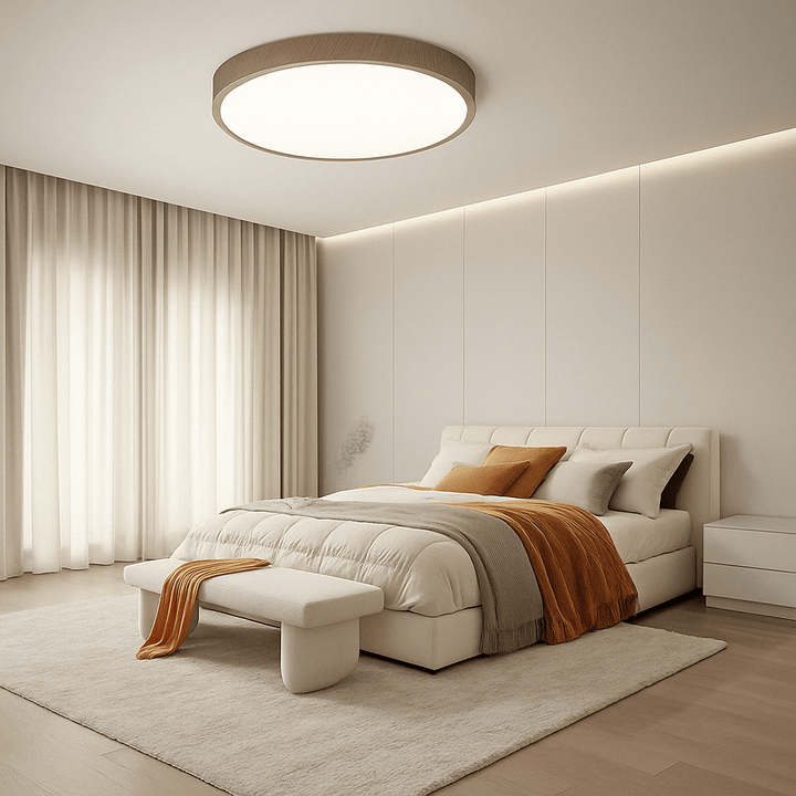 Contemporary LED ceiling fixture, wood accent, provides soft, adjustable illumination.
