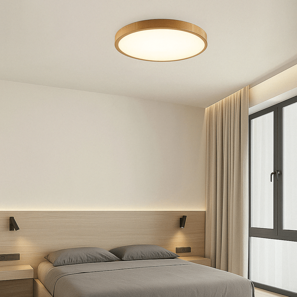 Ultrathin modern LED ceiling light, wooden frame, excellent for sophisticated interiors.