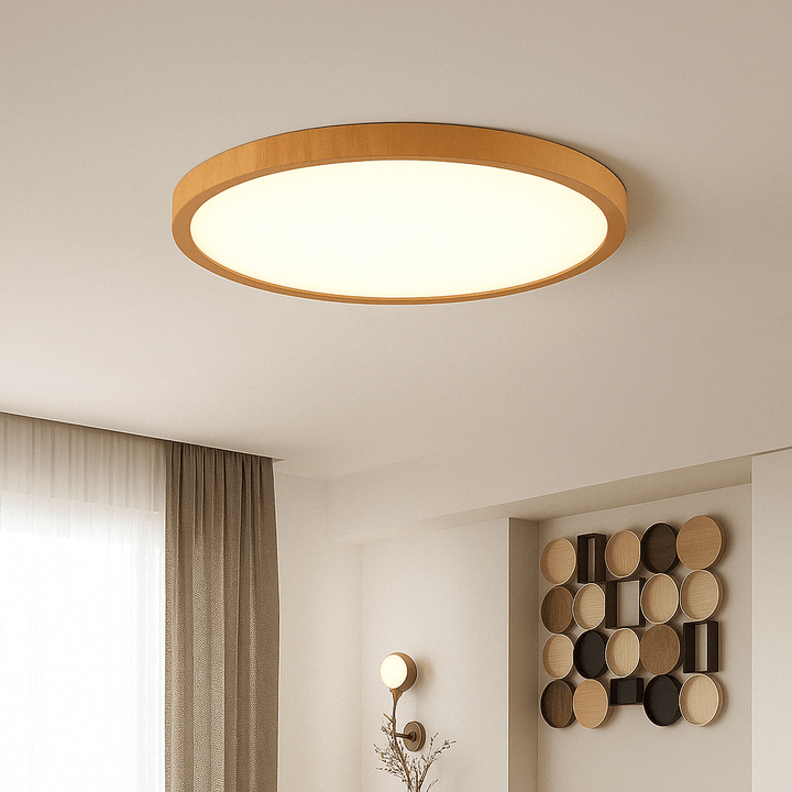 Modern wooden LED ceiling lamp, circular shape, with dimmable, adjustable light.
