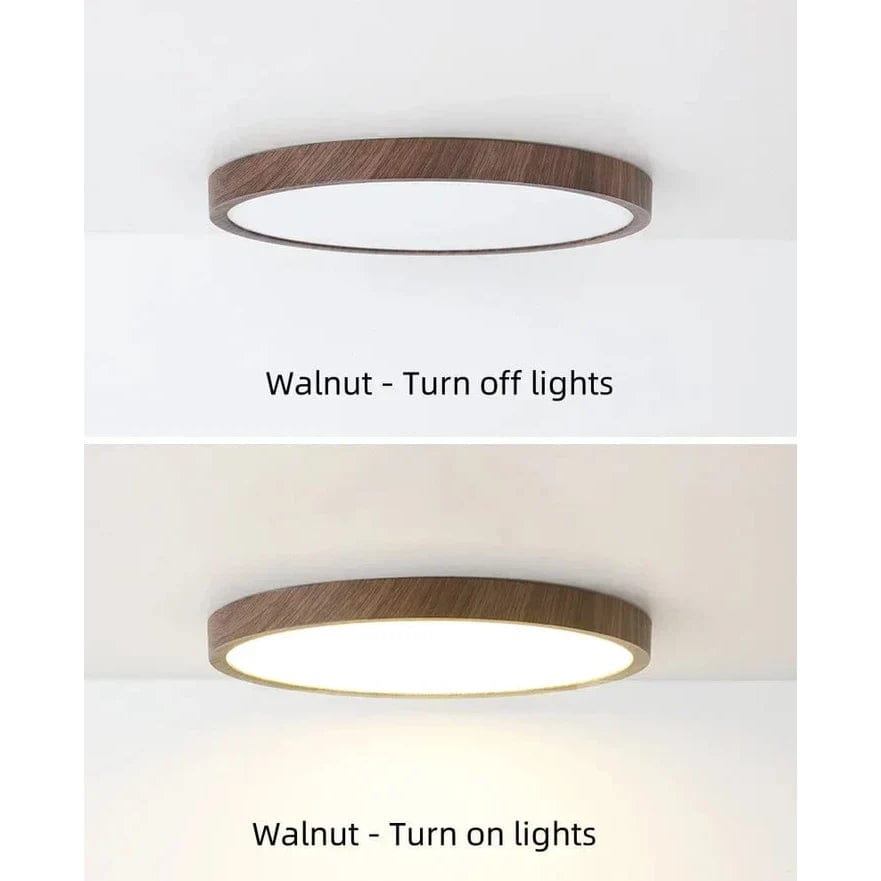 Sleek circular wooden LED ceiling lamp, perfect for modern home decor & interior lighting.