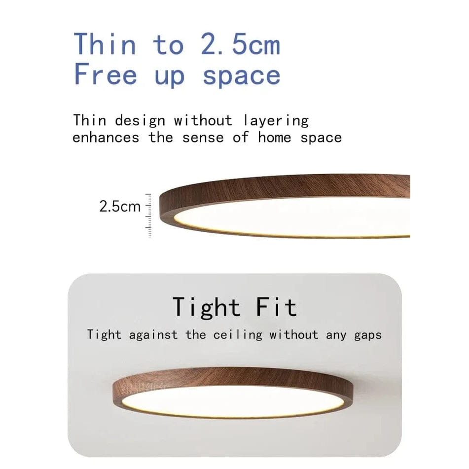Ultrathin LED ceiling light fixture, wood finish, energy-efficient & modern interior lighting.