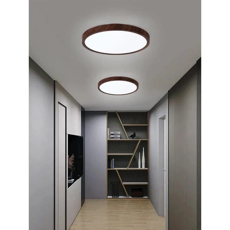 Energy-efficient modern LED ceiling light, wood grain, stylish interior fixture & decor.