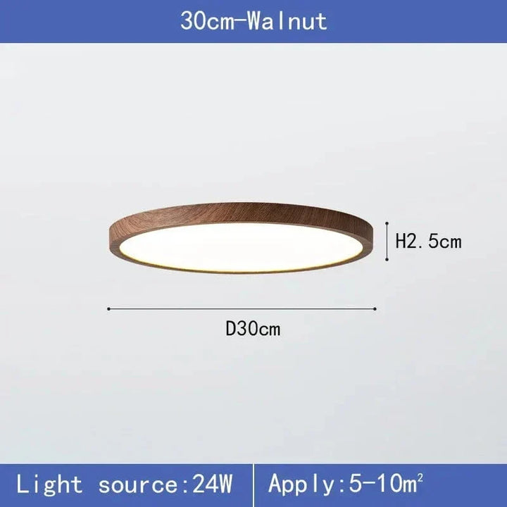Circular wooden LED ceiling lamp with adjustable brightness, sleek and modern design.