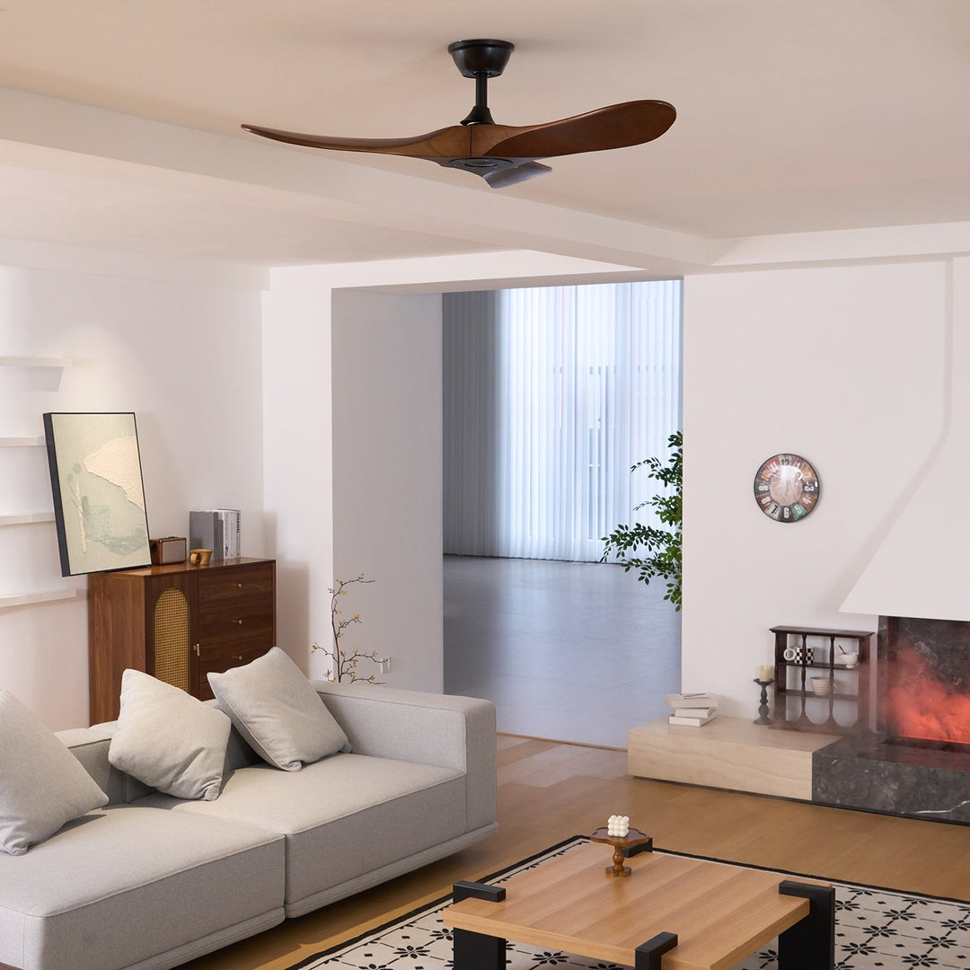 Indoor modern wooden ceiling fan, powerful & quiet, operated via remote.