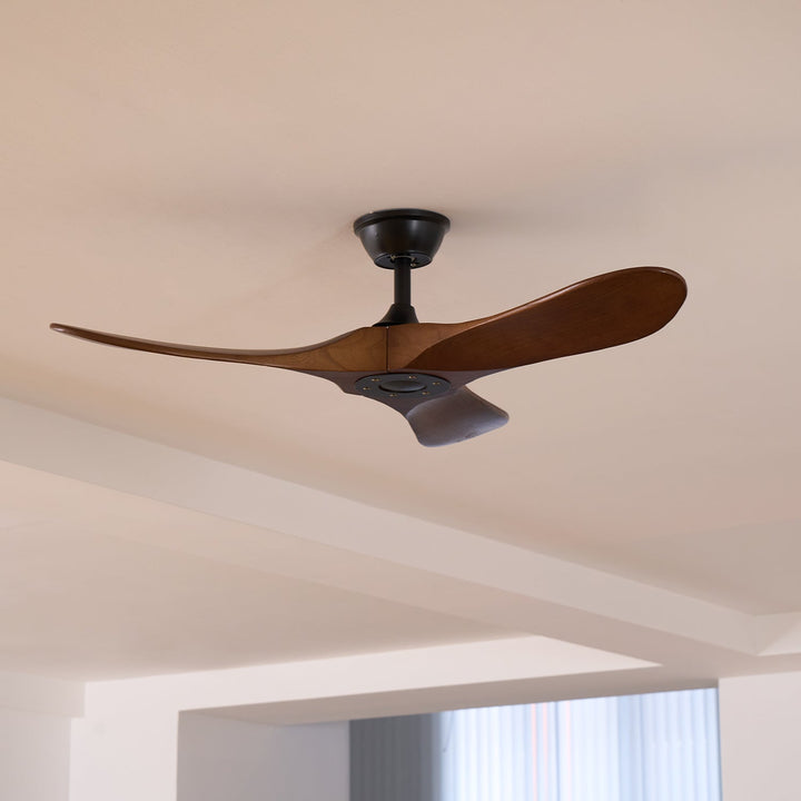 Full view of a modern wooden ceiling fan, remote control, enhancing any room.