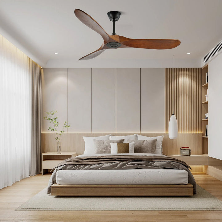 Minimalist modern wooden ceiling fan, quiet motor, and included remote.