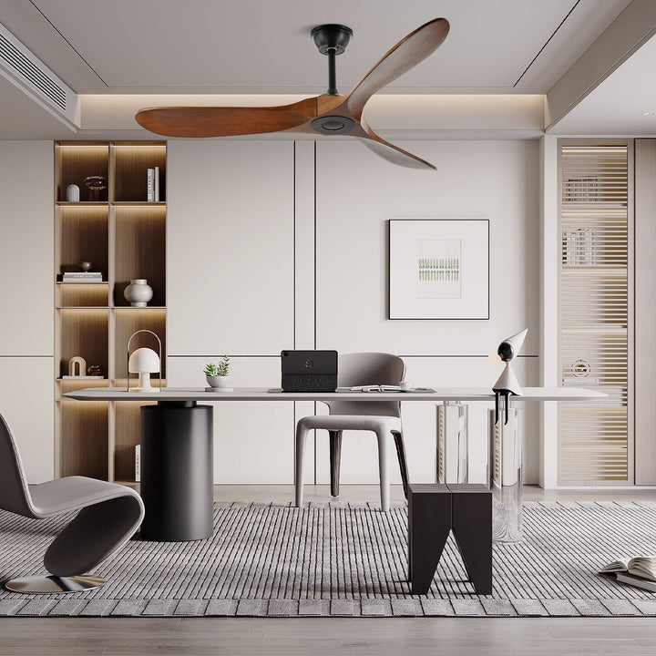 Remote-controlled modern wooden ceiling fan, perfect for stylish home interiors.