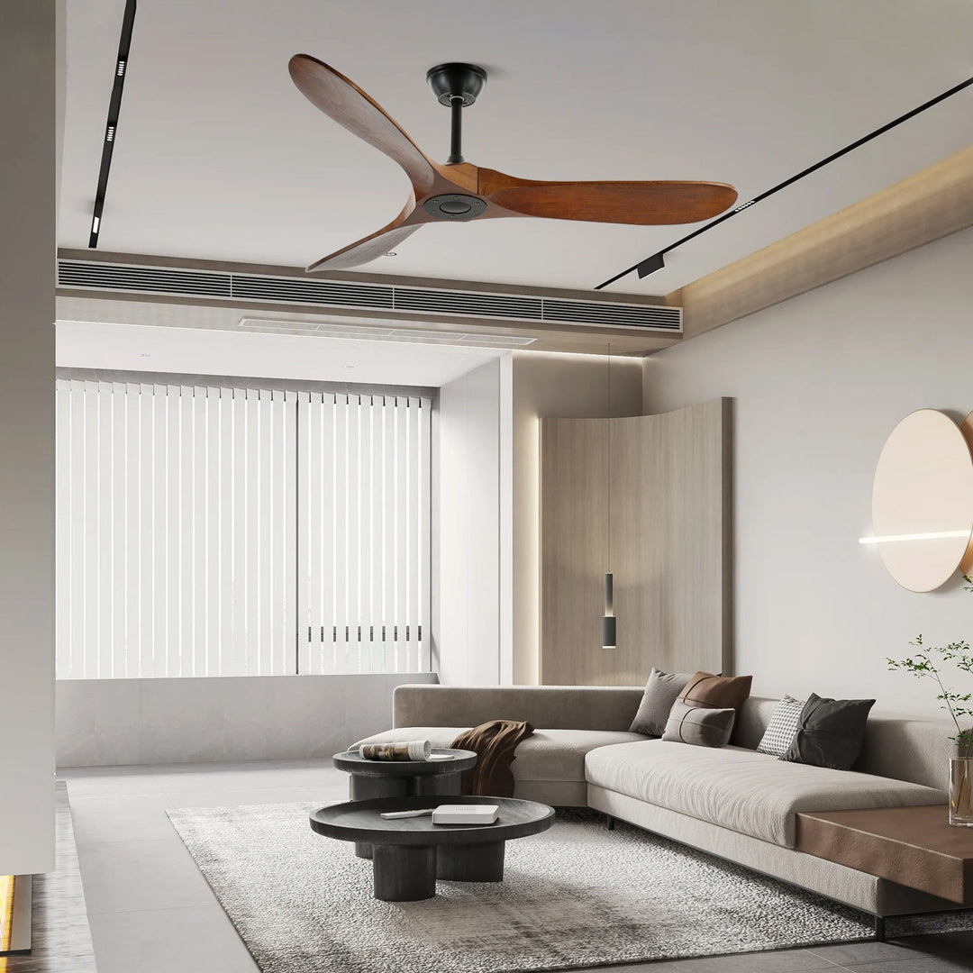 Detailed shot of modern wooden ceiling fan's smooth walnut blades.