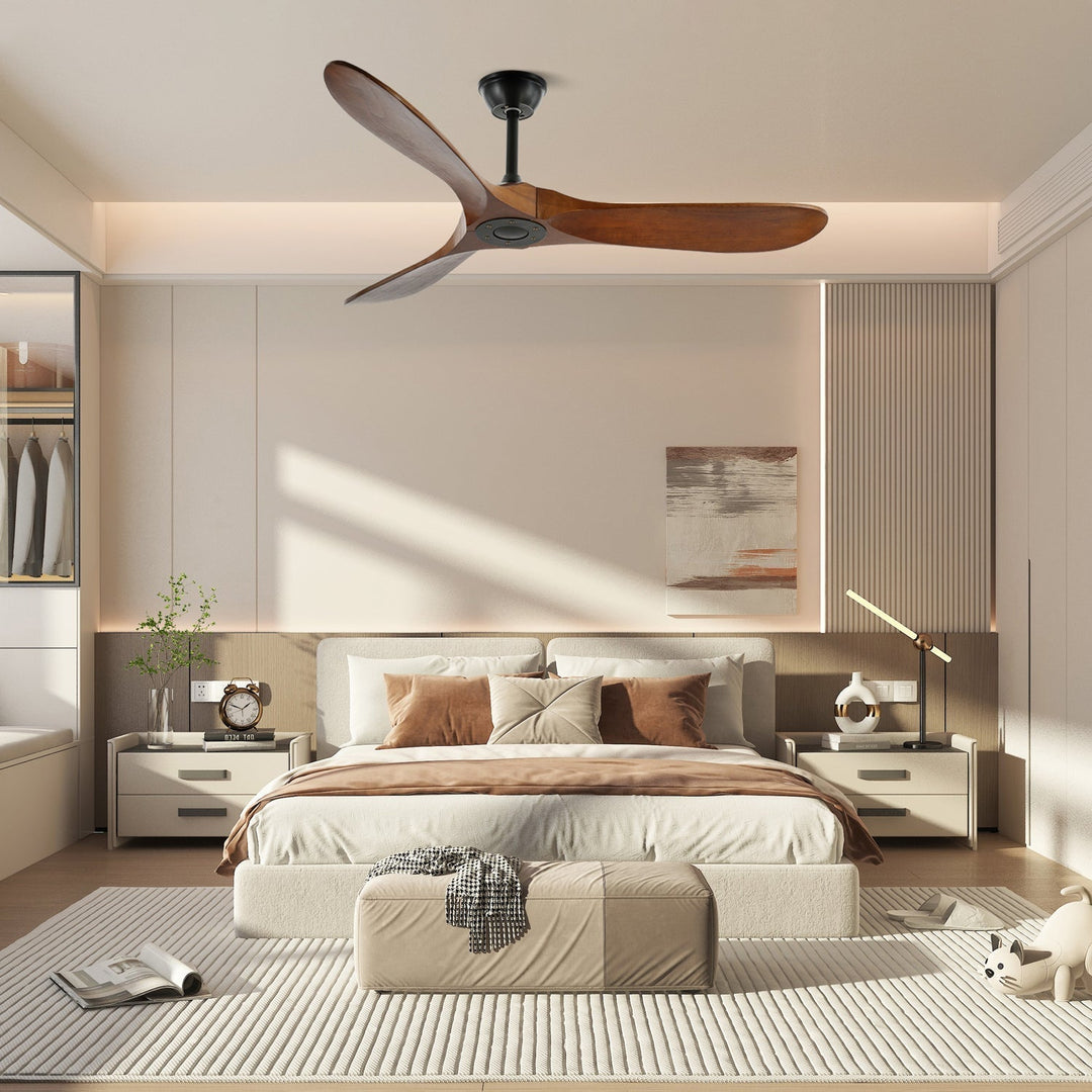 Energy-efficient modern wooden ceiling fan with multiple speed remote.