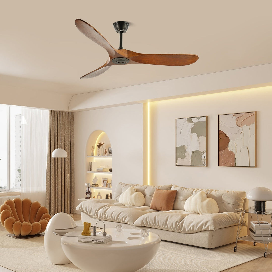 Ambient modern wooden ceiling fan for quiet air circulation & remote control.