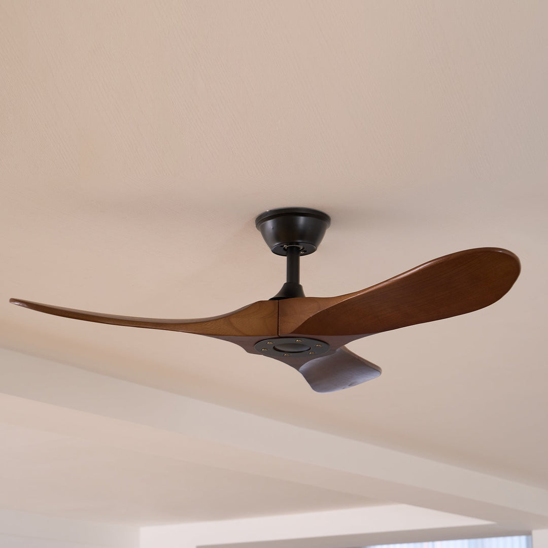 Modern wooden ceiling fan with remote, perfect blend of style & function.