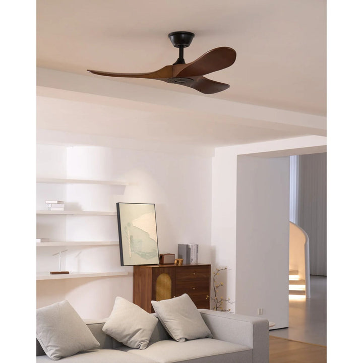 Modern wooden ceiling fan, providing excellent airflow, operated by remote.